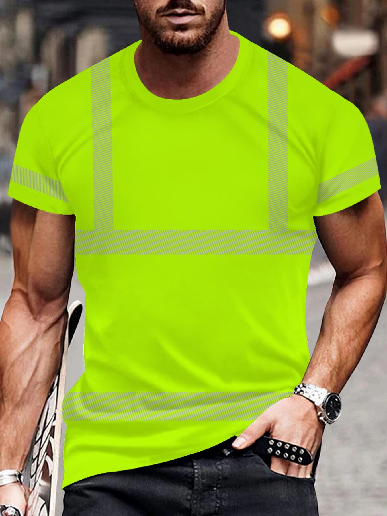 Fluorescent Reflective Stripes Men's T-Shirt, Construction Workwear Style, Safety Half Sleeve, Casual Loose Fit Top