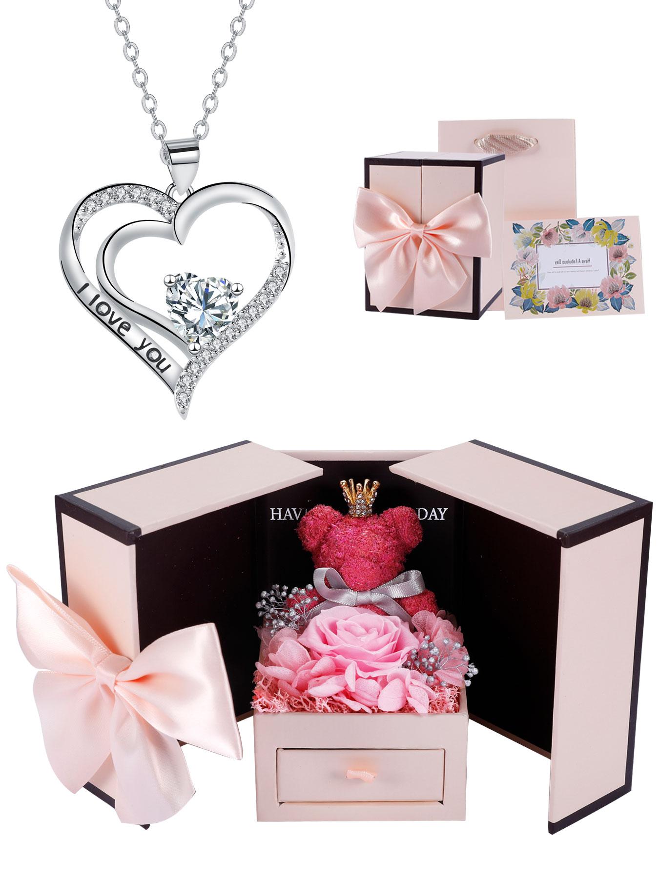 Heart Shaped Cz Birthstone Necklace, I Love You Pendant, Mos Bear Rose Jewelry Gift Box, Girlfriend Birthday Anniversary Present, Exquisite Jewelry Gift