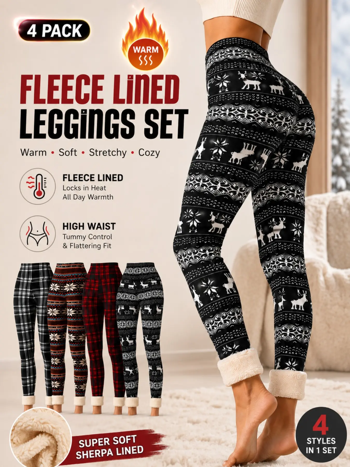 Women's Fall Winter Fleece Lining Christmas Snowflake Deer Plaid High Waist Warm Sheepskin Leggings, Casual Plant Pattern Trousers