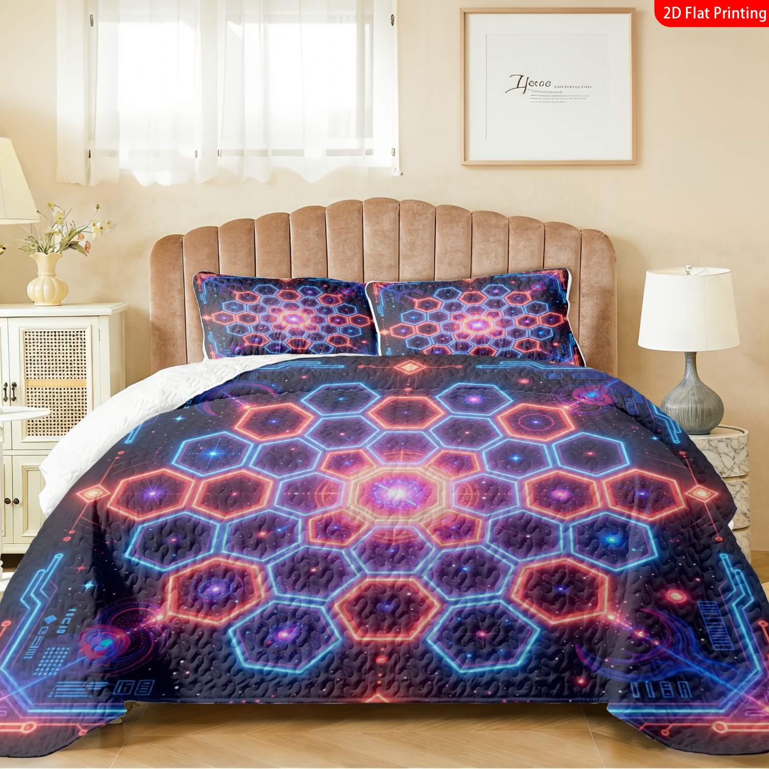 3 pcs, 2D Flat Print Neon Geometric Hexagon Bedspread Set, Soft and Comfortable, Multiple Sizes Available, Suitable for Gifting and Daily Use, Ideal for Creating a Cozy Home Atmosphere(1 bedspread , 2 pillowcases)