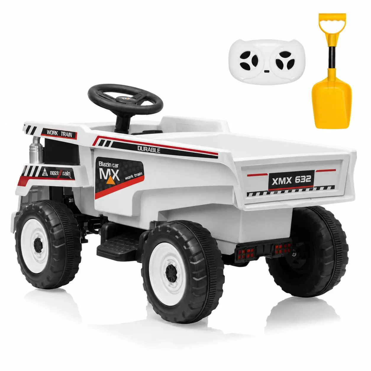 12V Electric Ride-On Dump Truck for Kids – 4-Wheel Construction Vehicle Toy with Remote Control, Auto-Lifting Dump Bed, Shovel, LED Lights & Music, Season Suspension – Electric Ride-On for Toddlers Ages 3-8