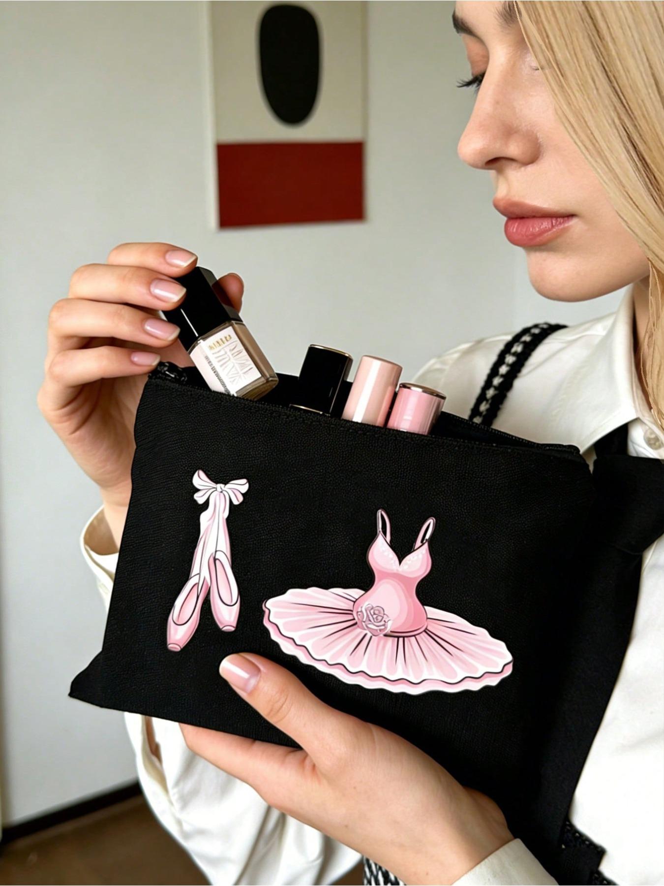 Ballet Pattern Women's Black Makeup Storage Bag, Handbag, Zippered Canvas Bag, Cute Retro Ballet Skirt, Dance Shoes, Rose Element, Bow Element, Vacation Bag, Large Capacity Storage Bag,