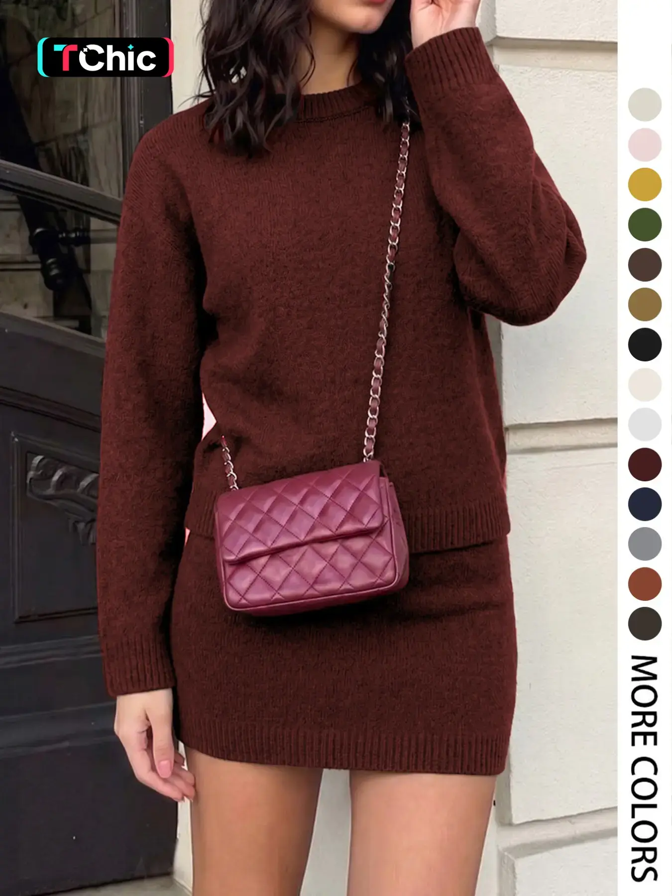 Elegant Women's Fall Winter Fashion Casual Home Wear Clothes Basic Simple Fitted Solid Color Knit Ribbed Binding Round Neck Long Sleeve Set