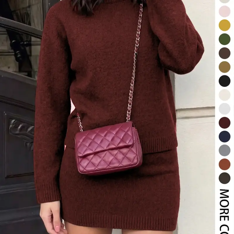 Women's Fashion Casual Home Wear for Fall & Winter, Fitted Design, Ribbed Knit Solid Color Round Neck Long Sleeve Top Set