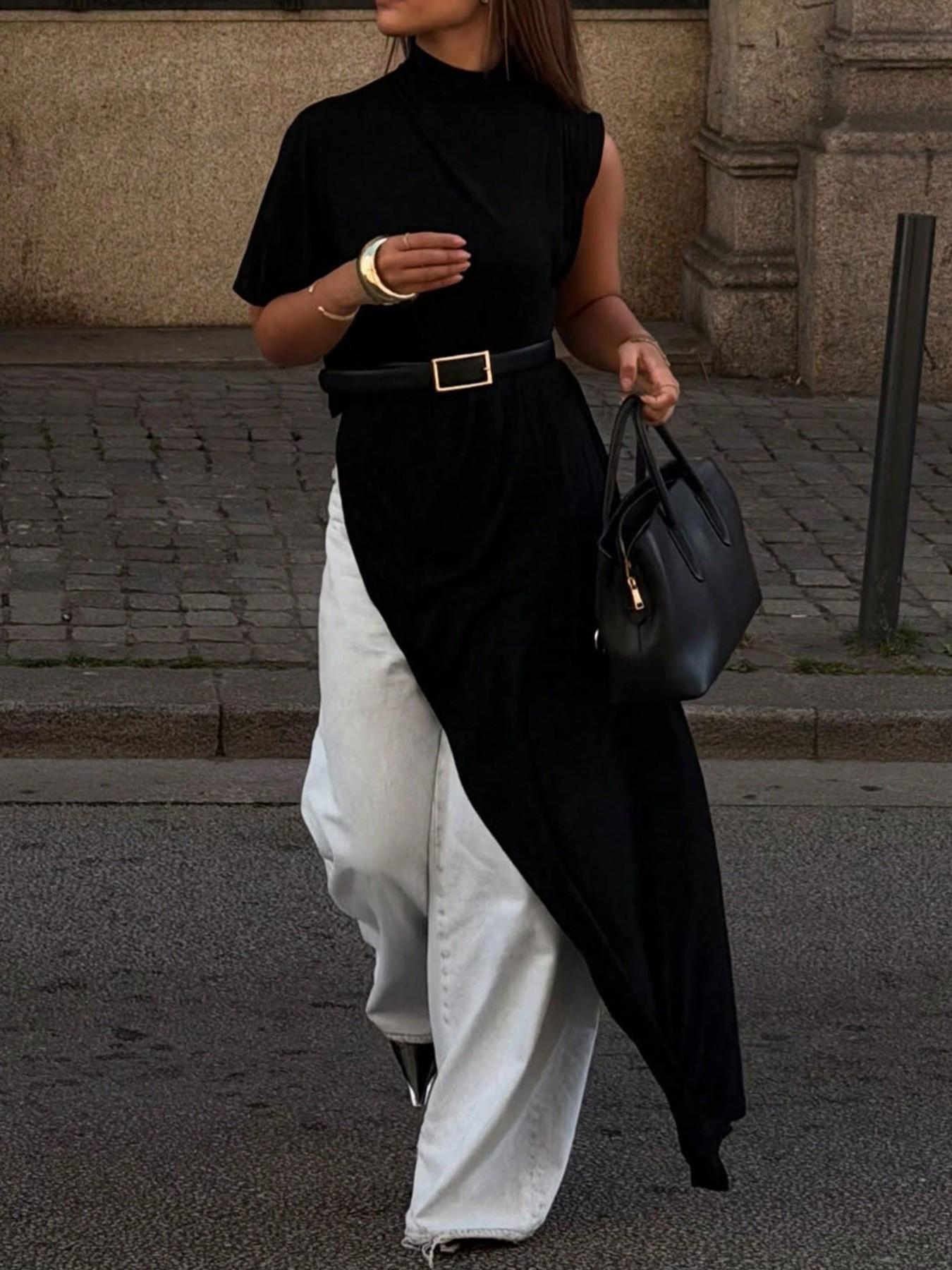 Women's Summer Minimalist High Street Half-Neck Asymmetric Sleeve Long Coat, Irregular High Split Hem, Comfortable Fabric, Versatile