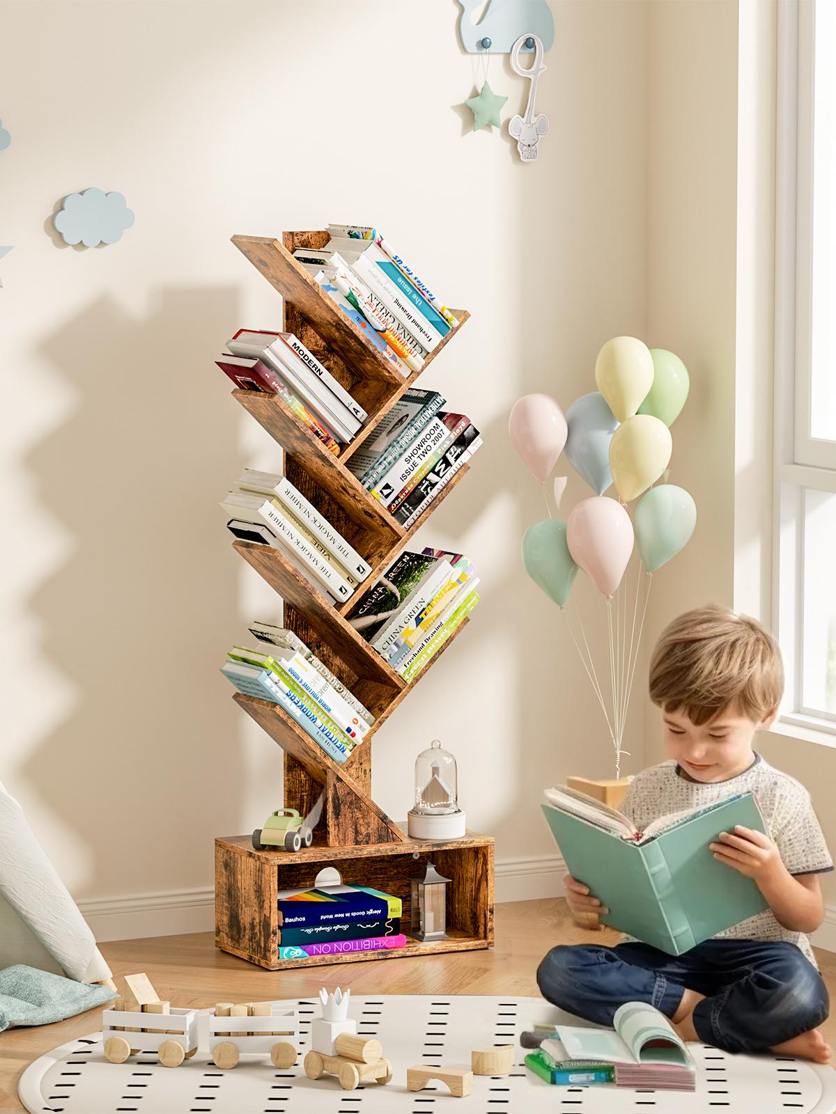 Flycity Bookshelf with Drawer,6 Tiers Tree Bookshelf, Modern Book Storage Organizer,Free Standing Tree Bookcase, Utility Organizer Shelves for Home,Office,Living Room,Bedroom Corner Computer Desk Adjustable Height Desk