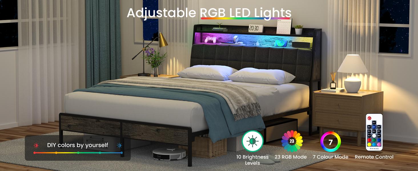Flexpedic Full Queen Bed Frame, Ergonomic Headboard with Multi-Space Storage, Bedframe with Charging Station RGB LED Lights Flexpedic Full Queen Bed Frame, Ergonomic Headboard with Multi-Space Storage, Bedframe with Charging Station RGB LED Lights