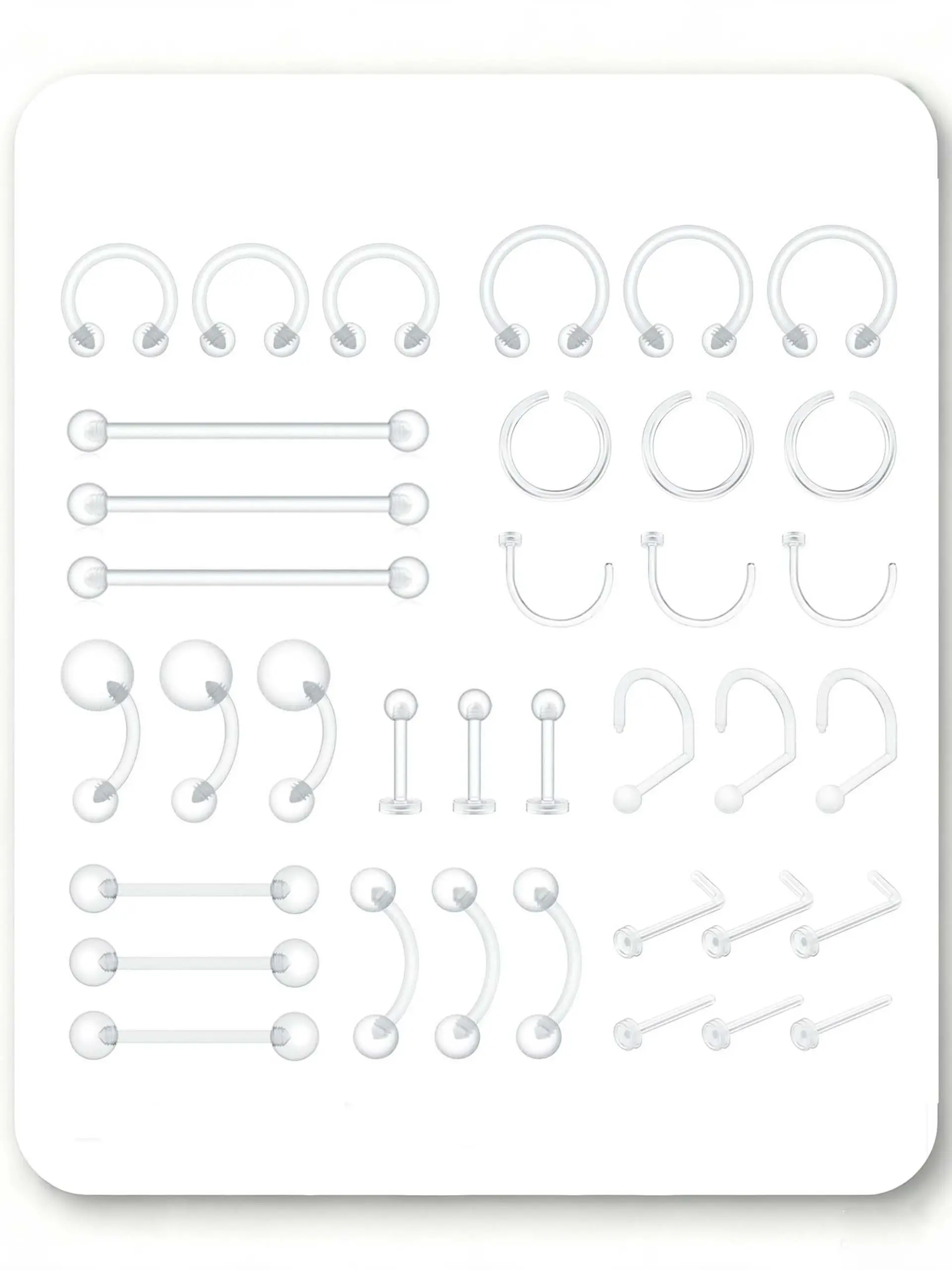 36pcs Clear Piercing Retainers Bioflex Plastic Jewelry for Nipple Tongue Nose Septum Eyebrow Belly Earrings Tragus Helix Cartilage Industrial Lip Labret Rings Studs For Surgery Mri