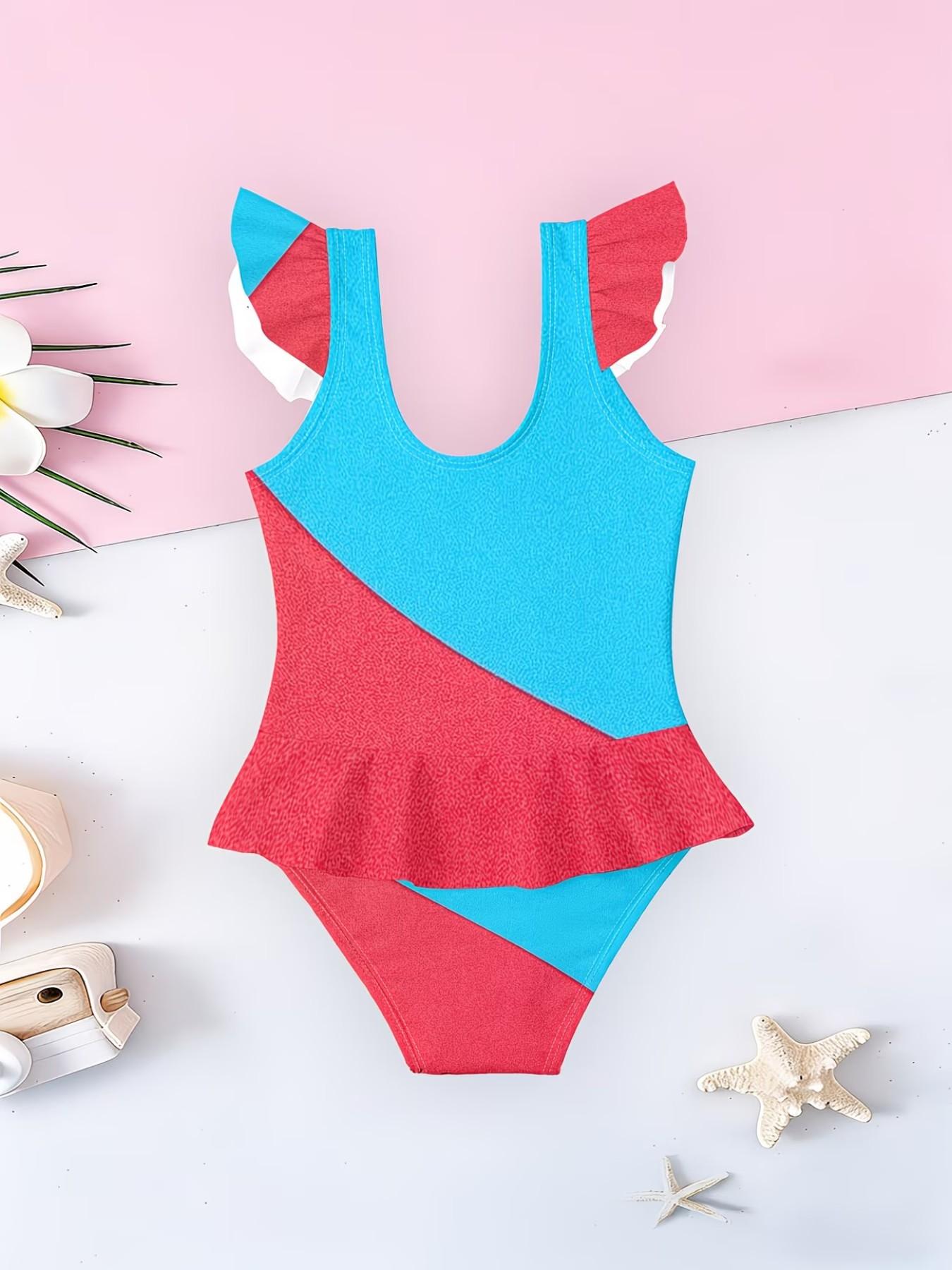 Girls' Capibara Pattern Jumpsuit, Cute Cartoon Print, Ruffled Quick-Dry Swimwear, Fashionable Beach Party, Sporty Slim-Fit