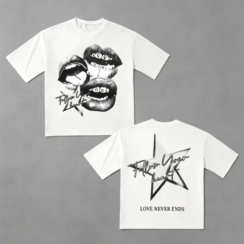 Graphic Lips Star Print Y2K Grunge Graphic Tee, Vintage Streetwear Shortsleeve Drop Shoulder Unisex T-Shirt, Casual Summer Crewneck Top for Men Women Graphic tee