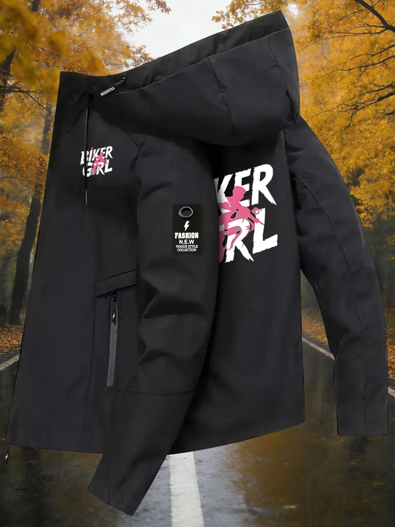 Women's Hooded Windbreaker Jacket Double sided BIKER GIRL Pink Moto Print Jacket Two Color Options Hooded Loose All Season Warm Jacket Ideal for Daily Commute Hiking Climbing Wear Skin Friendly Breathable Machine Washable Plussize