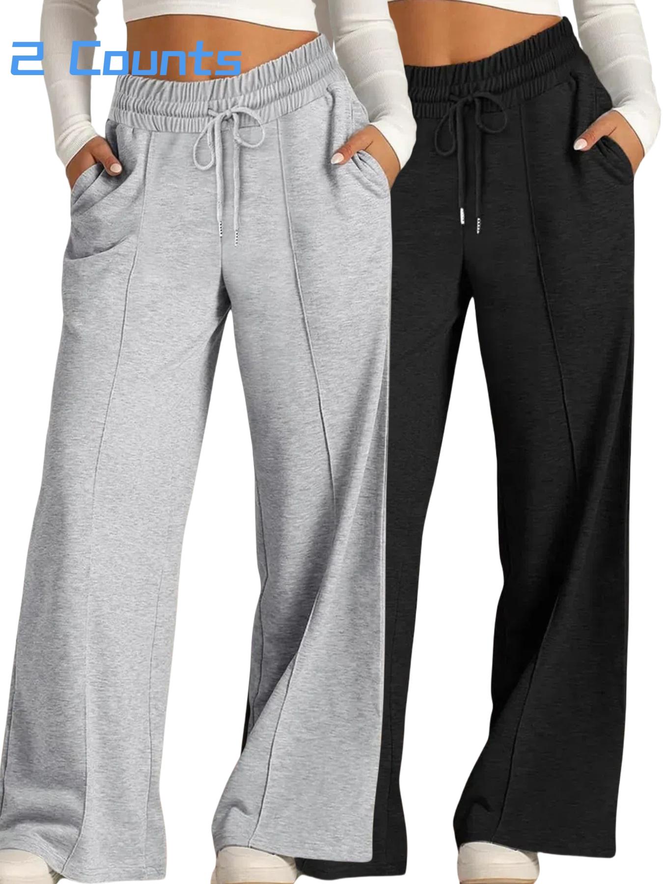 Women's Plain Drawstring High-Waisted Wide-Leg Pants, Loose Fit, Casual with Pockets, Elastic Waist, All Seasons, Daily Wear, Outerwear, Home Wear