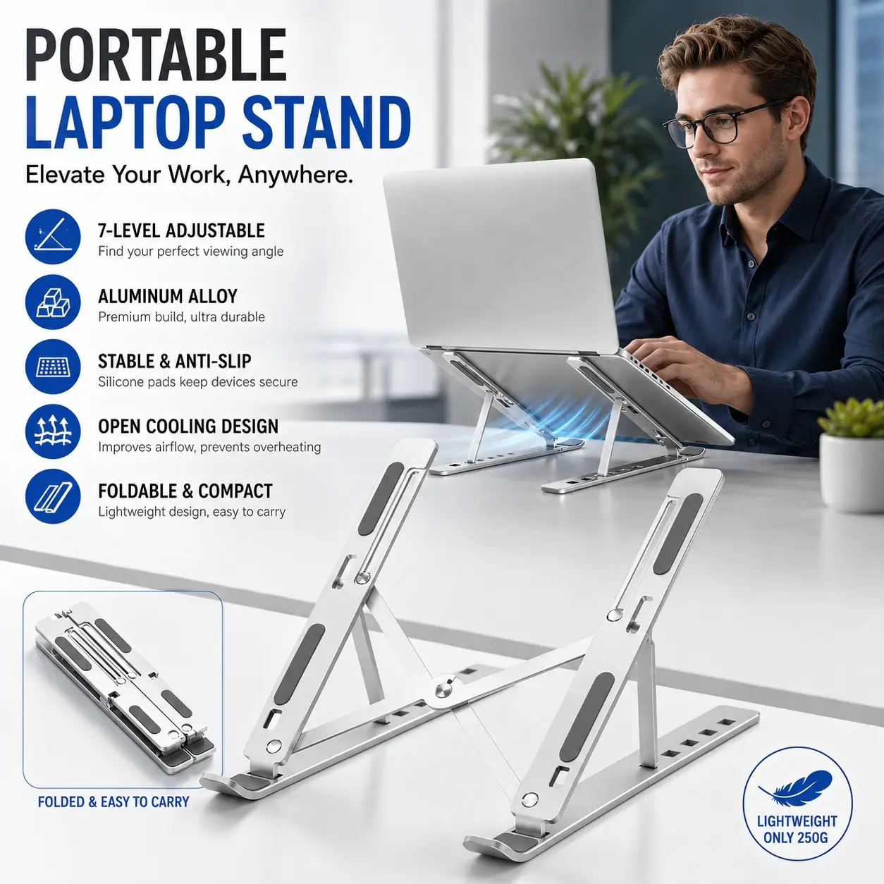 Adjustable Laptop Stand, Sleek Silver Aluminum Foldable Laptop Riser with 7 Height Levels, Double-M Stable Support, Non-Slip Silicone Pads, Open Ventilated Cooling Design, Portable Desk Holder for 10-17 Inch Laptop, Tablet, Home Office & Travel