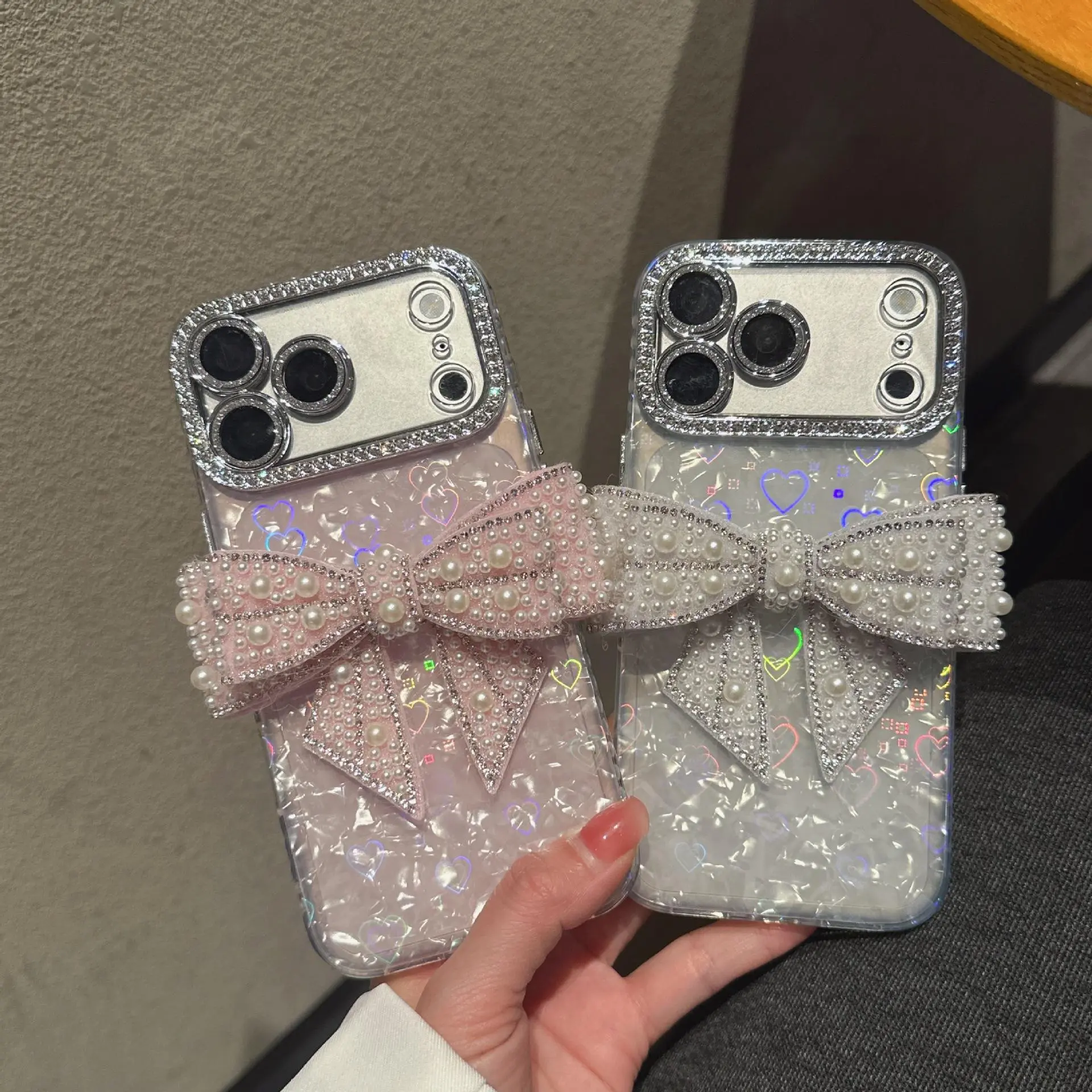 Compatible with iPhone 18 PRO MAX/18 PRO/18/17 Pro Max/16 Pro/15/14 | Pearl Big Bow Seashell Texture Full Wrap Shockproof Phone Case HNZ0385