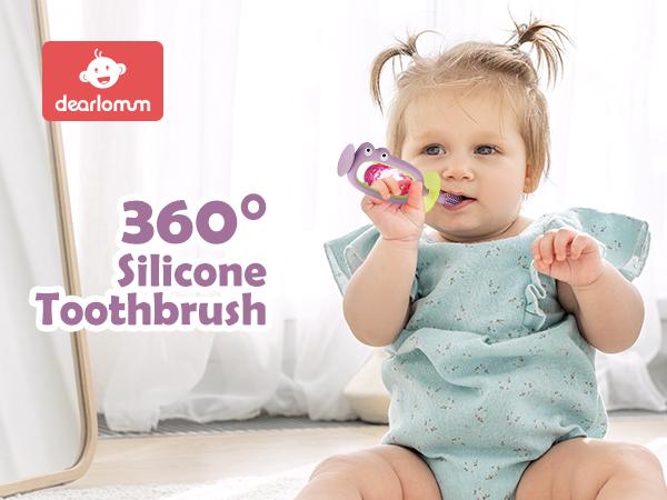 360° Baby Toothbrush with Suction Base,Toddler 12 Months up,Infant Oral Cleaner, Baby Tongue Cleaner,Food-Grade Silicone,Adjustable Safety Shield Toothbrushing Cleaning