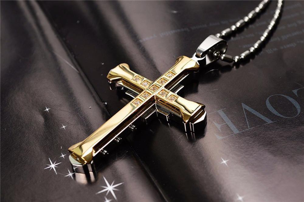 Trending Men's Crystal Cross Jesus Pendant Necklace - Gold/Black/Blue Zirconia, Stainless Steel Costume Jewelry, Jesus Piece, Jeweled Cross, Crucifix Graphic Necklaces, Cross Necklaces