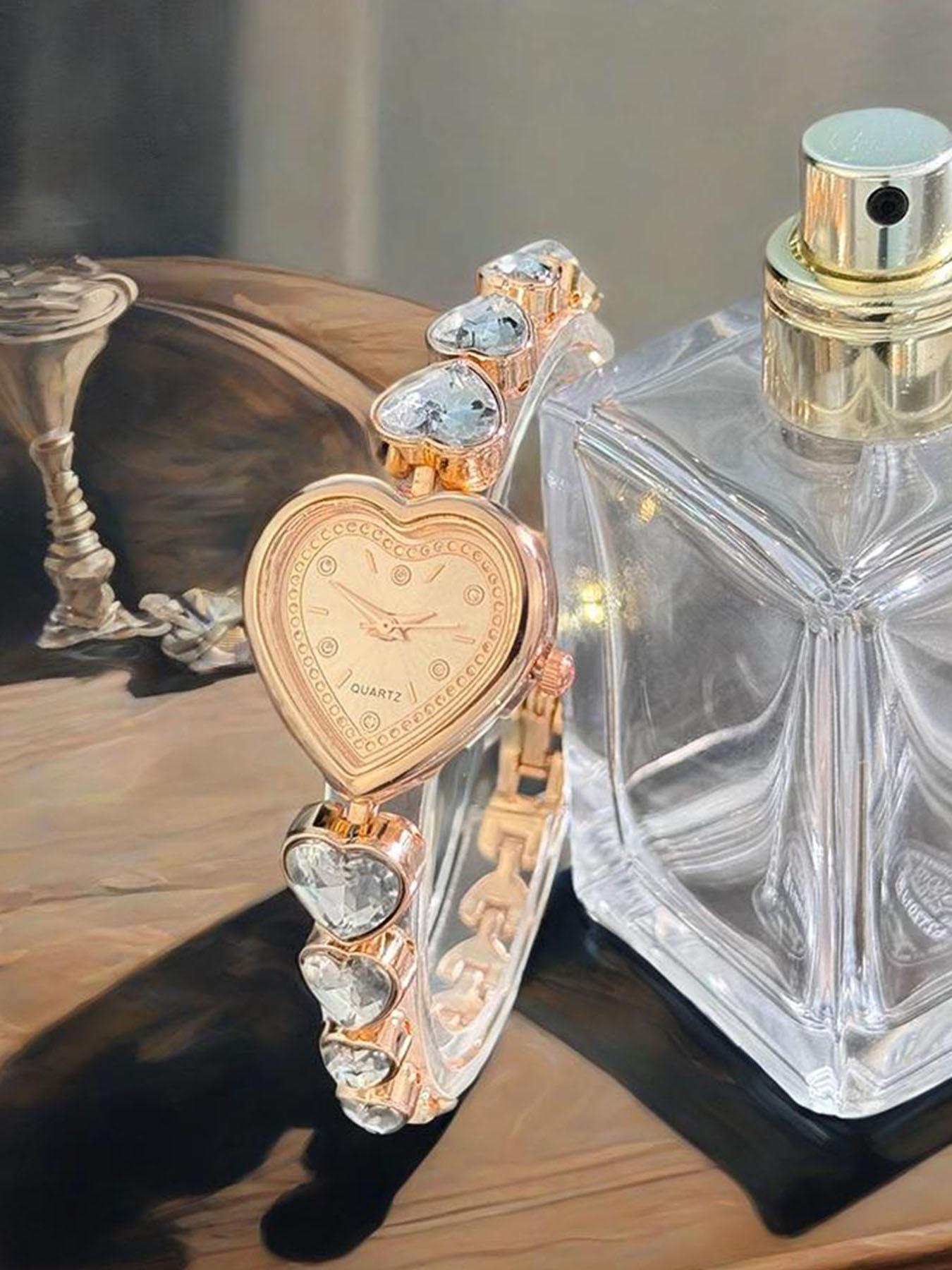 1 heart-shaped diamond encrusted women's watch, niche fashion women's quartz watch, peach heart diamond bracelet watch