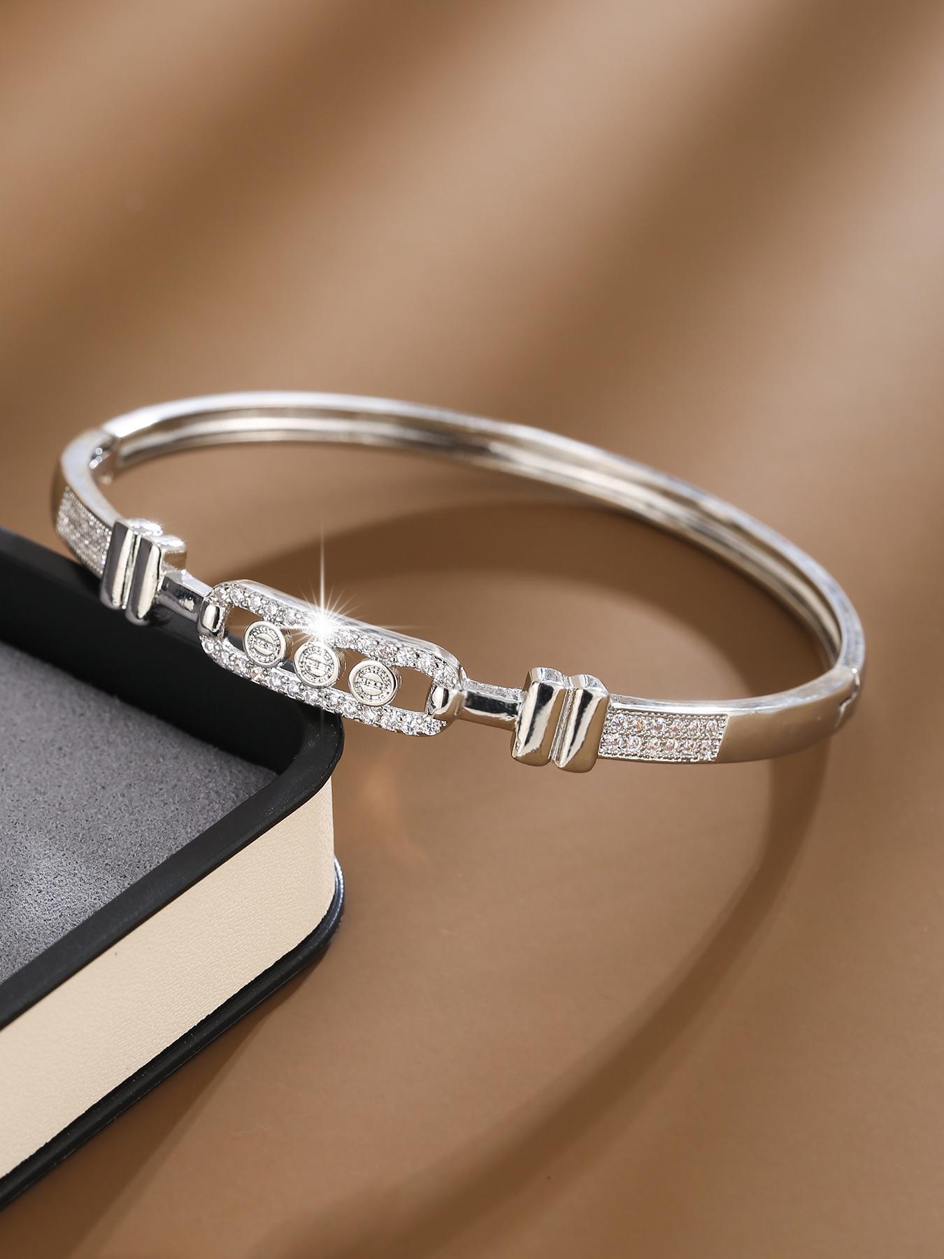 S925 Sterling Silver Rhinestone Decor Bangle Bracelet, Fashionable Hollow Out Design Bangle for Women, Trendy All-match & Exquisite Jewelry for Birthday Gift