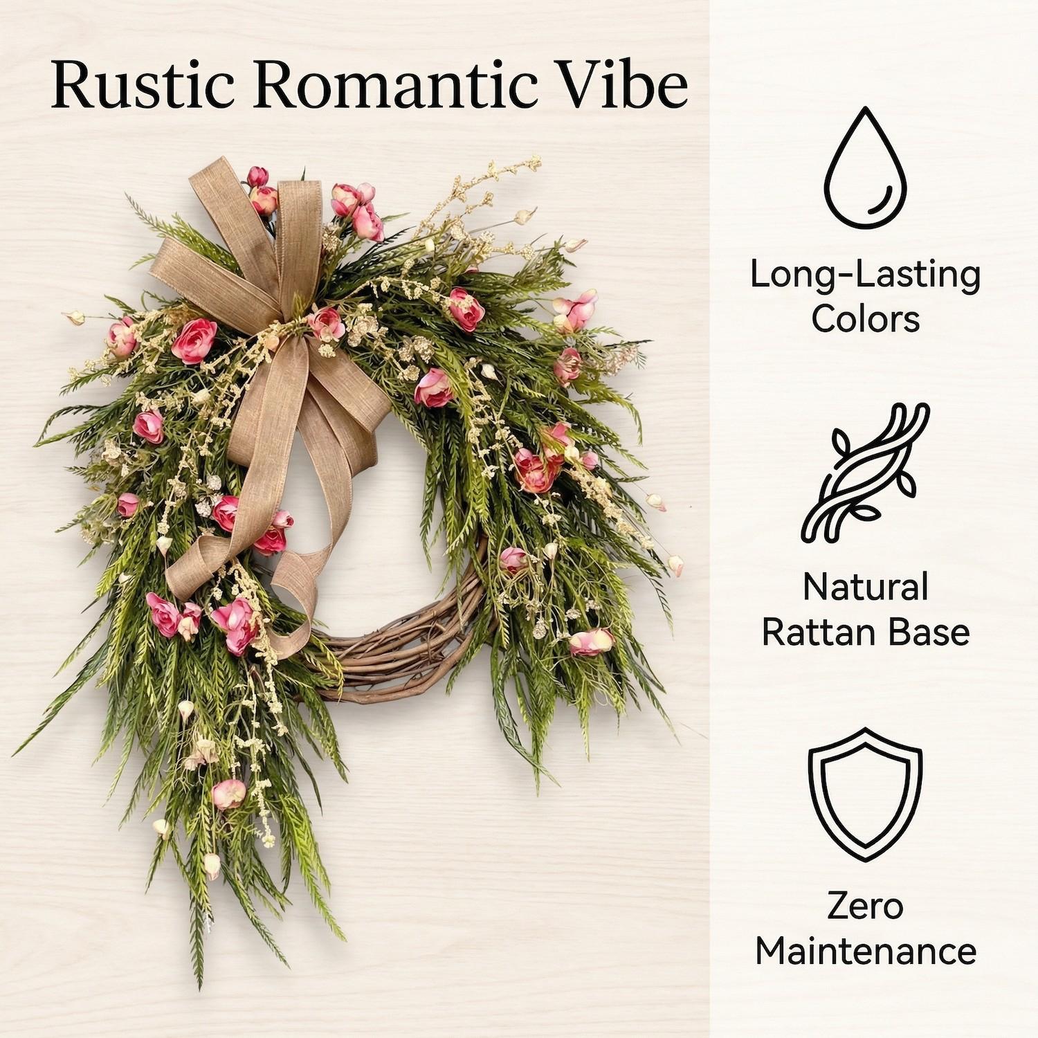 Rustic Spring Summer Wreath, Rose Artificial Decorative Wreath, 40cm/45cm/50cm Floral Door Hanging, Perfect for Weddings and Home Décor