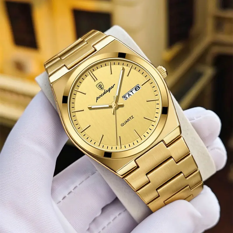POEDAGAR Fashion Classic Man Watch Waterproof Luminous Analog Watch Date Week Luxury Men Watch Stainless Steel Quartz Movement Watch Business Men's Watches High End Luminous Date Wristwatch
