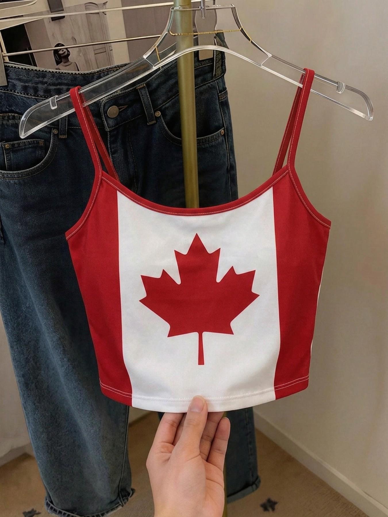 American Flag Print Cami Top, Spaghetti Strap Sleeveless Slim-Fitting Sexy Backless Casual Tank, Breathable Material, Multiple Flag Options, Plain Surface Design
