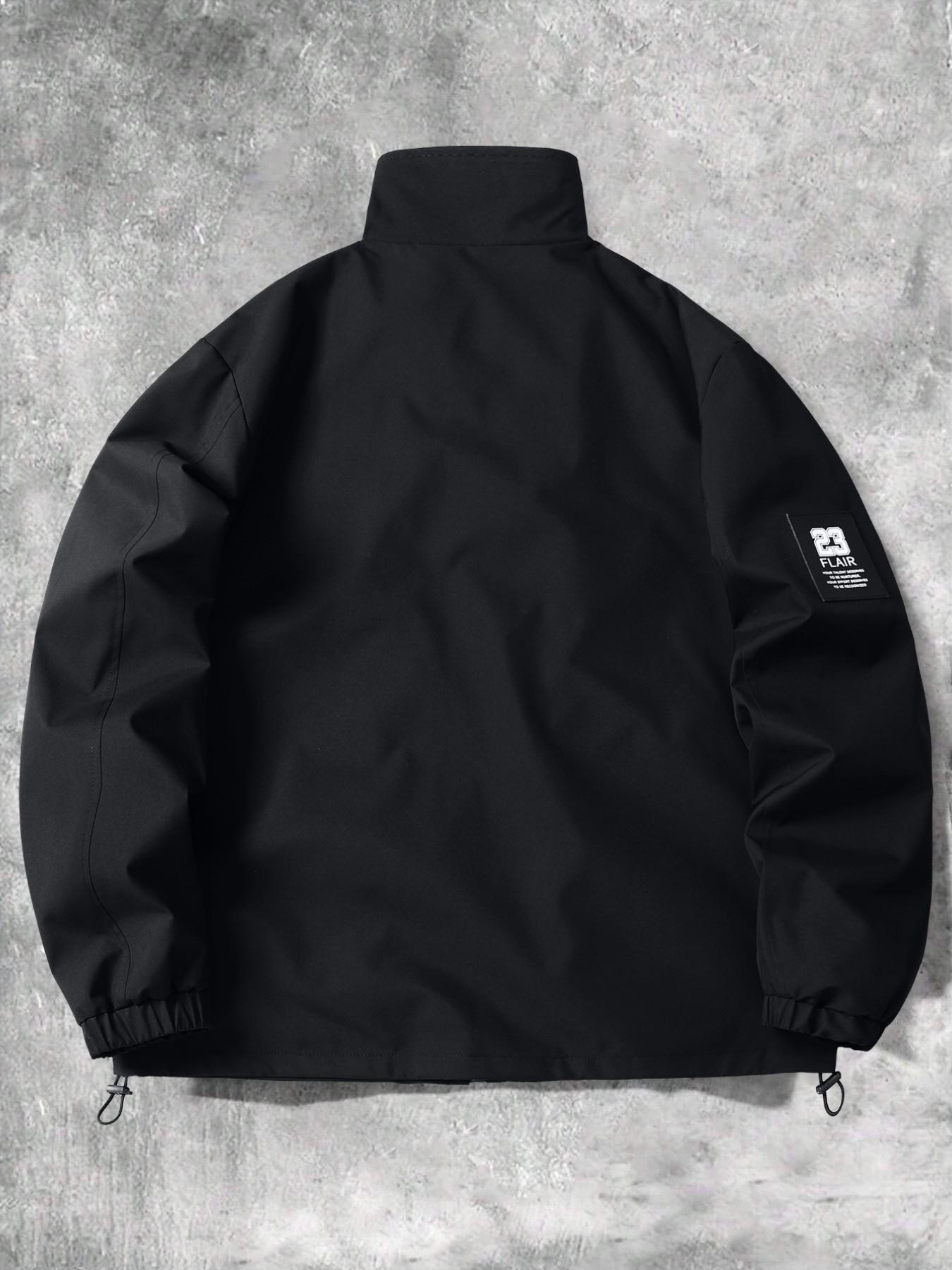 Men's Casual Workwear Zipper Jacket, Windproof Anti-Wrinkle Fabric, Stand Collar, Practical Pockets, Fashion Letter Print, Loose Fit