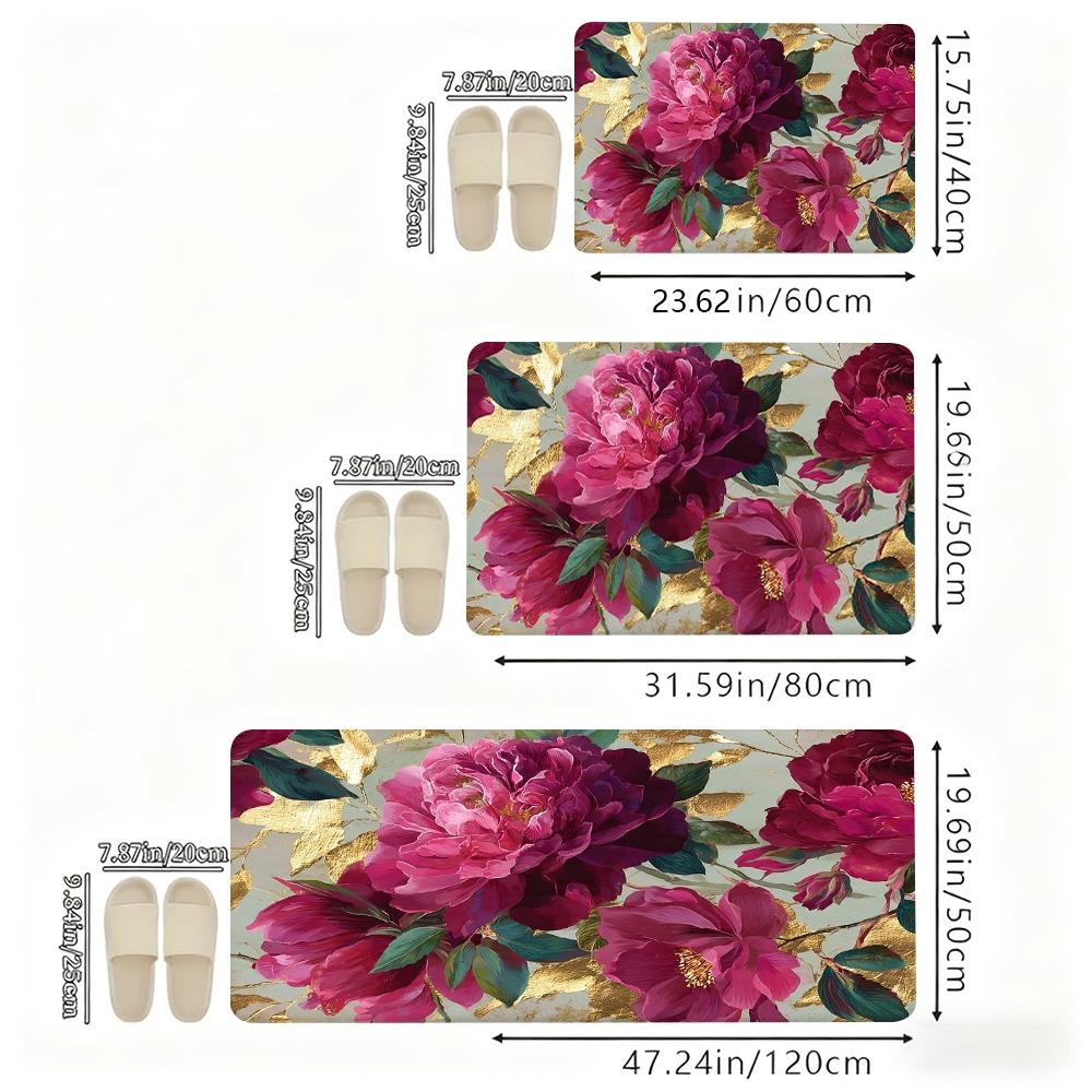 Luxury Gold Foil Peony Kitchen Rug Set, Vintage Floral Non-Slip Washable Floor Mats, Elegant Botanical Runner Rugs for Kitchen, Living Room & Home Decor