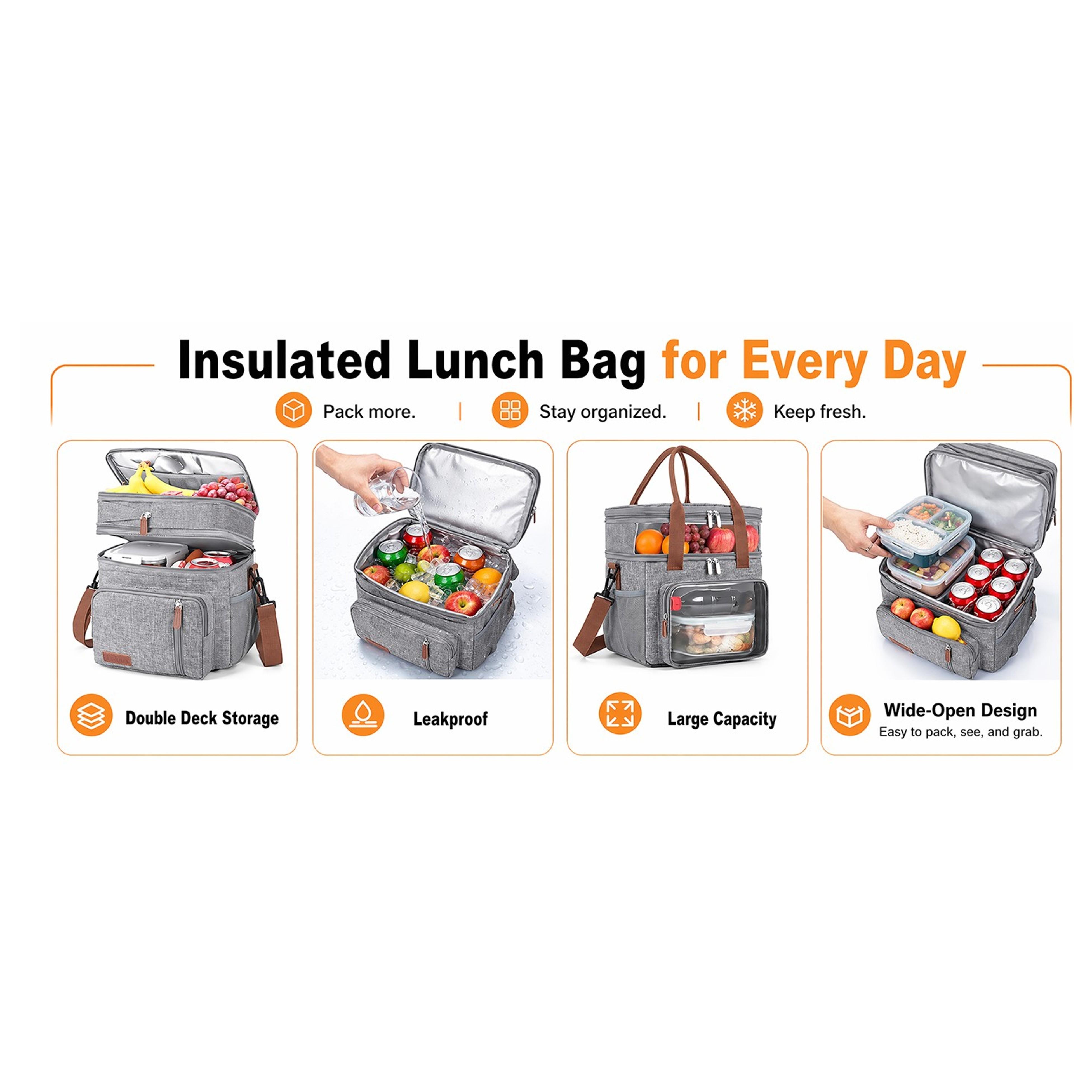 Women's Double-Deck Expandable Insulated Lunch Bag with Shoulder Strap, Leakproof Durable Large Cooler Tote for Work, Picnic, Beach, 16L, GrayGift