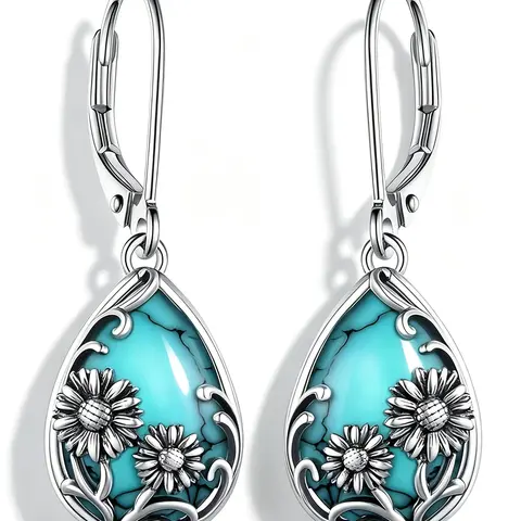 A Pair of Vintage Bohemian Openwork Carved Teardrop Earrings with Turquoise Inlays—Boho Style Jewelry, Light Luxury, Niche Fashion, Sophisticated Style, Perfect for Parties, Gatherings, and Commuting—Versatile Earrings for Any Occasion