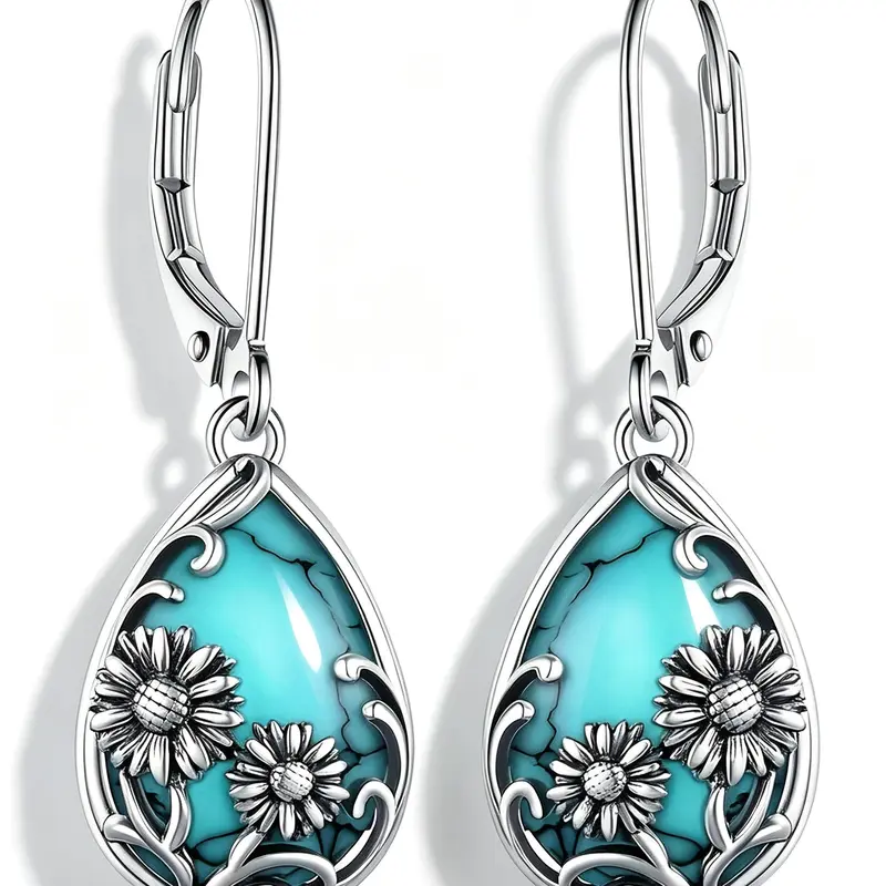 A Pair of Vintage Bohemian Openwork Carved Teardrop Earrings with Turquoise Inlays—Boho Style Jewelry, Light Luxury, Niche Fashion, Sophisticated Style, Perfect for Parties, Gatherings, and Commuting—Versatile Earrings for Any Occasion