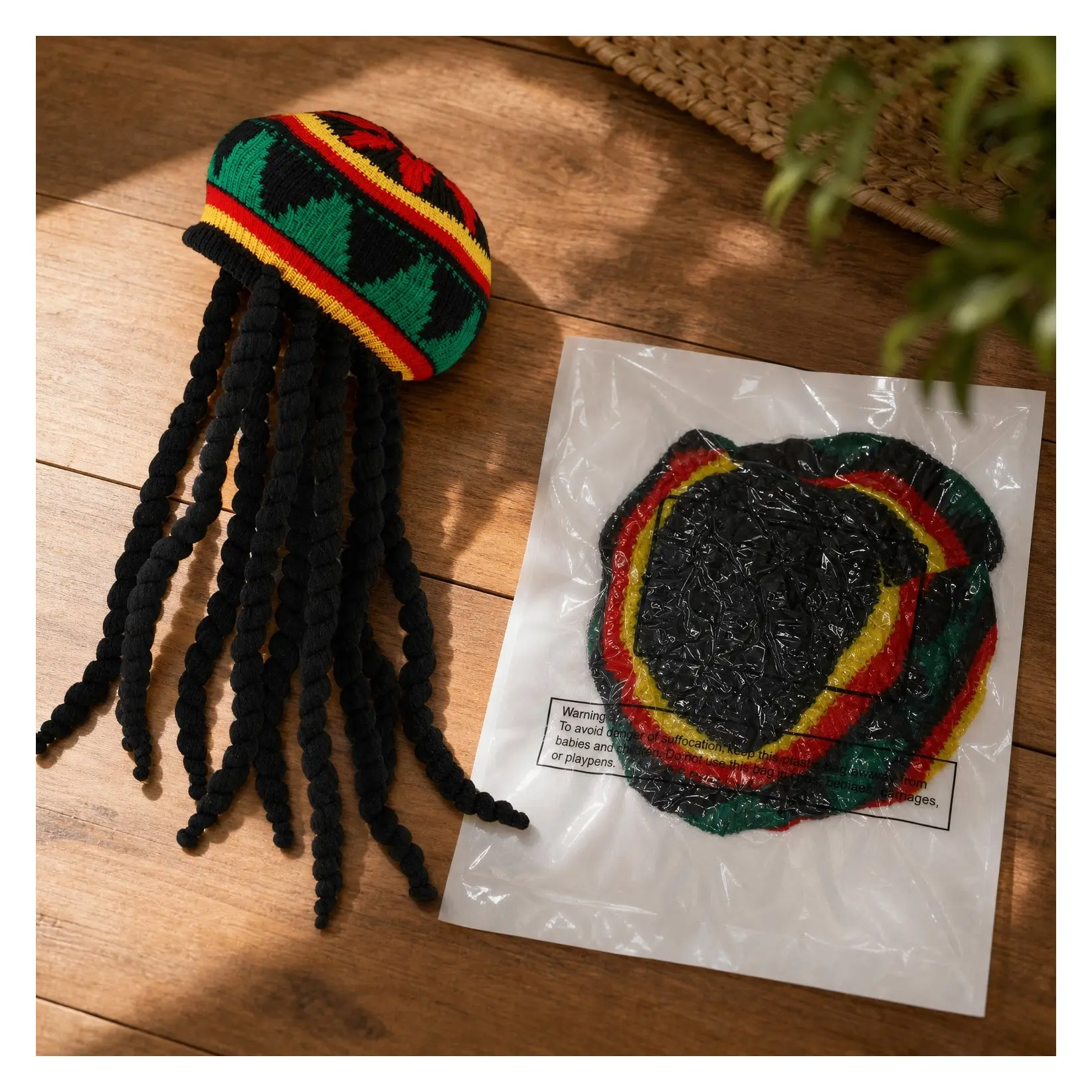 Rasta Hat with Black Dreadlocks Wig Reggae Beanie Colorful Funny Jamaican Costume Accessory Size 17.3Gift
