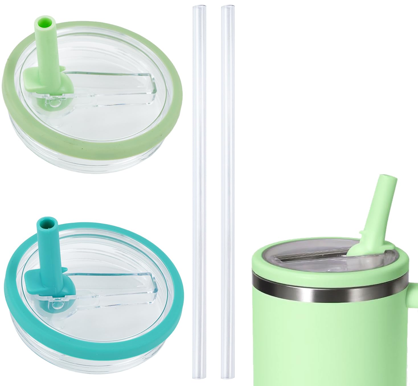 2 PCS 40 oz Replaceable Tumbler Flip Straw Lid Fit for Stanley Quencher, Reusable Tumbler Cover Fit for HydroJug Traveler, Spill-Proof Splash Resistant Tumbler Lids Teal+Light Green