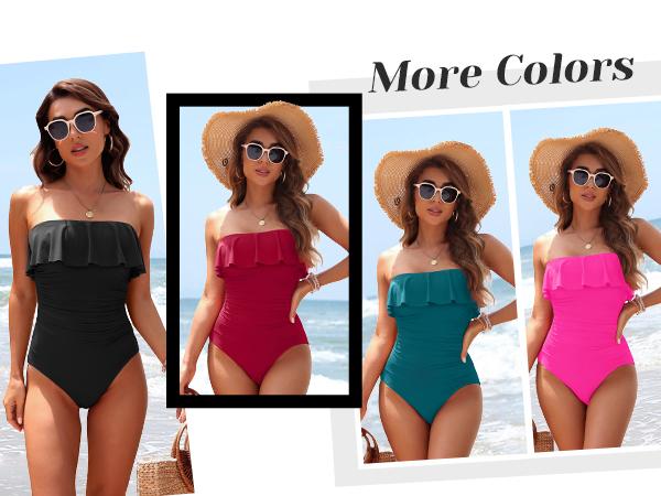 Holipick Black Strapless One Piece Swimsuits for Women Tummy Control Bandeau Bathing Suits Ruffle Slimming Swimwear