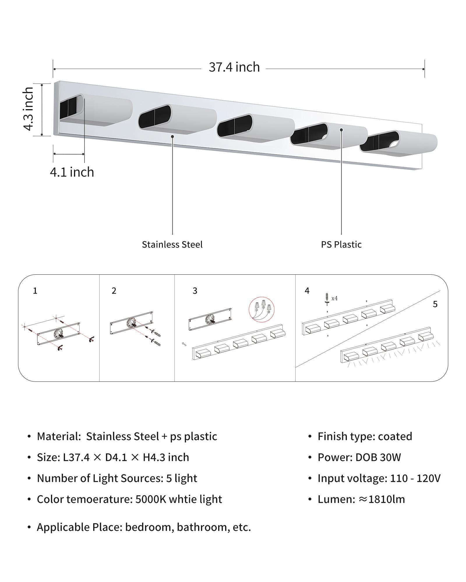 KDG LED Modern Bathroom Vanity Light Fixtures, 4 Lights Matte Black 5000K Wall Lighting Over Mirror, Lights for Dressing Room, Bedroom