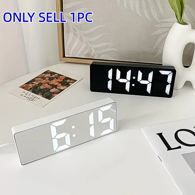LED Mirror Alarm Clock with Digital Display, USB Powered, Delay Function, Modern Rectangular Design, Plastic Frame, Bedroom or Office Decor