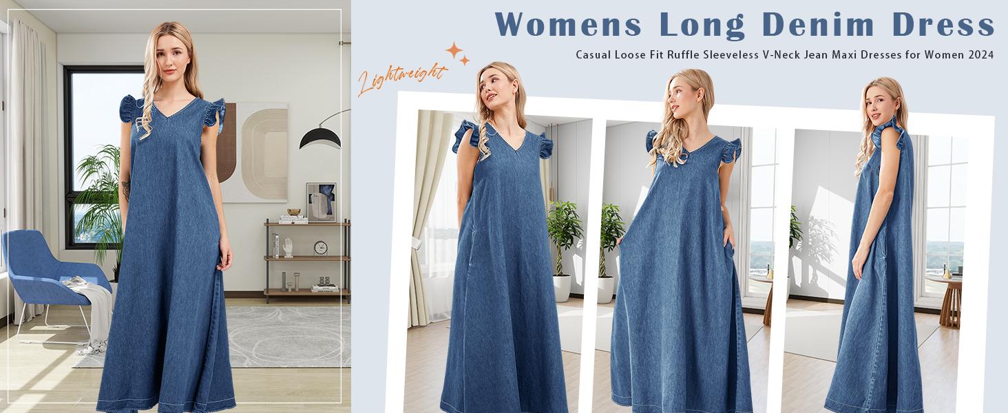 utcoco Women's Summer V Neck Long Denim Dress Casual Loose Ruffle Sleeveless Dress Minimalist V neck Womenswear sundress utcoco Women's Summer V Neck Long Denim Dress Casual Loose Ruffle Sleeveless Dress Minimalist V neck Womenswear sundress