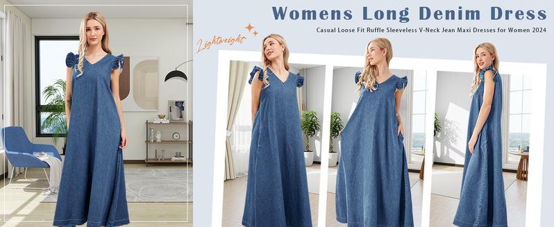utcoco Women's Summer V Neck Long Denim Dress Casual Loose Ruffle Sleeveless Dress Minimalist V neck Womenswear sundress