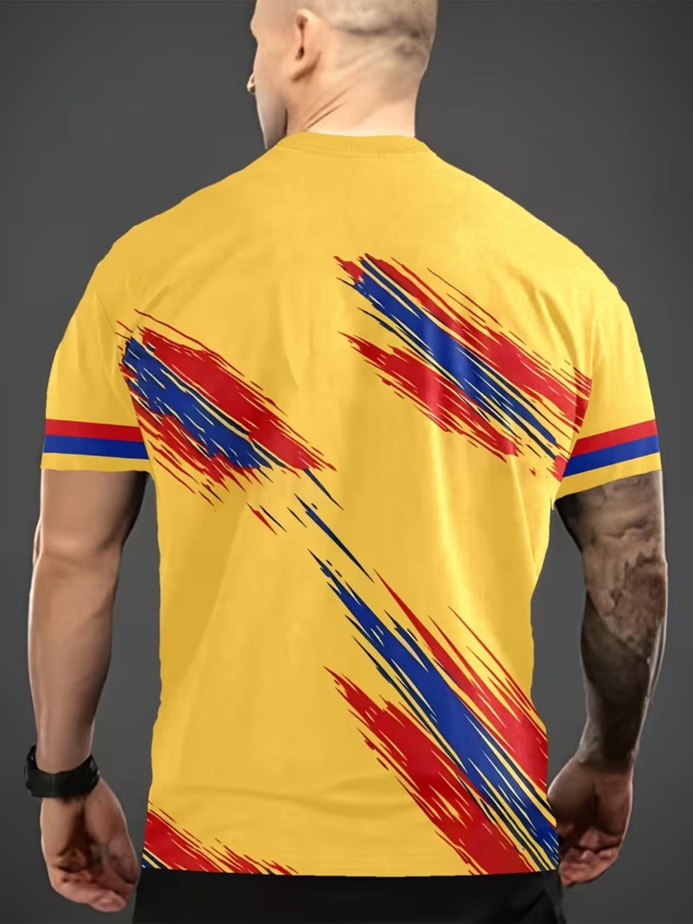 Colombia National Team Style Short Sleeve T-Shirt, Men's Casual Sporty Top, Blue Stripes, Graphic Round Neck Tee