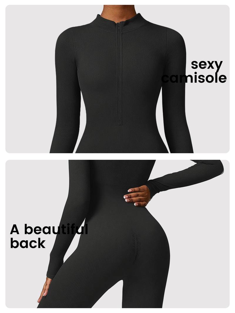 Women's Solid Color Zipper Long Sleeve Jumpsuit, Casual Sporty Comfortable One-Piece, Perfect for Yoga Gym Exercise, All Seasons Women's Sports Wear, Workout Jumpsuit