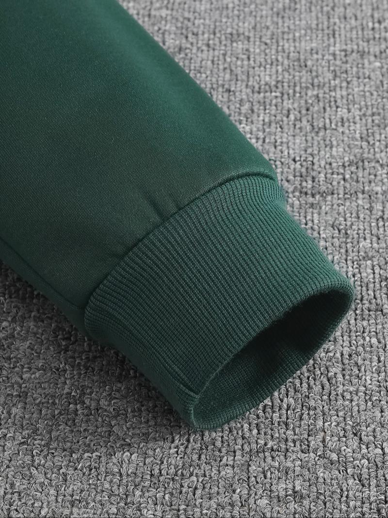 Men's Hot Selling Letter Number Print Fleece Pullover Sweatshirt, Casual Fall & Winter Round Neck Top, Thick Fabric, Fitted Style