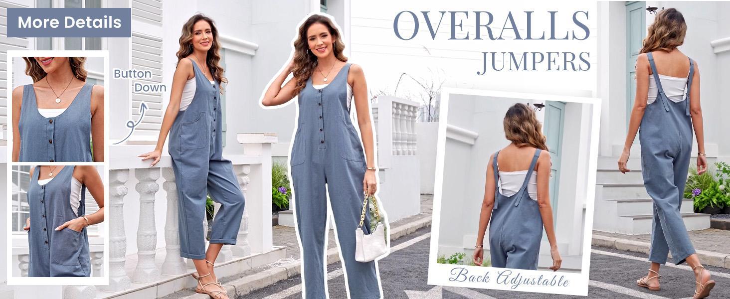 Ommig Women's Sleeveless Linen Cotton Jumpsuit Loose Casual Jumper with Pockets & Adjustable Straps for Spring Wear