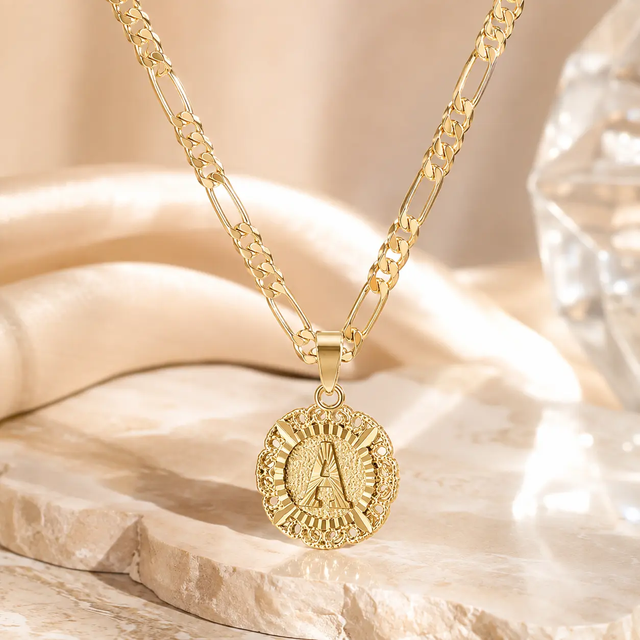 Personalized Round Initial Pendant Necklace for Men Women, 14K Gold Plated A-Z Letter Pendant Capital Monogram Name Necklace Trendy Figaro Chain Couple Necklace Daily Vacations, Party Wear, Jewelry, Holiday Gift