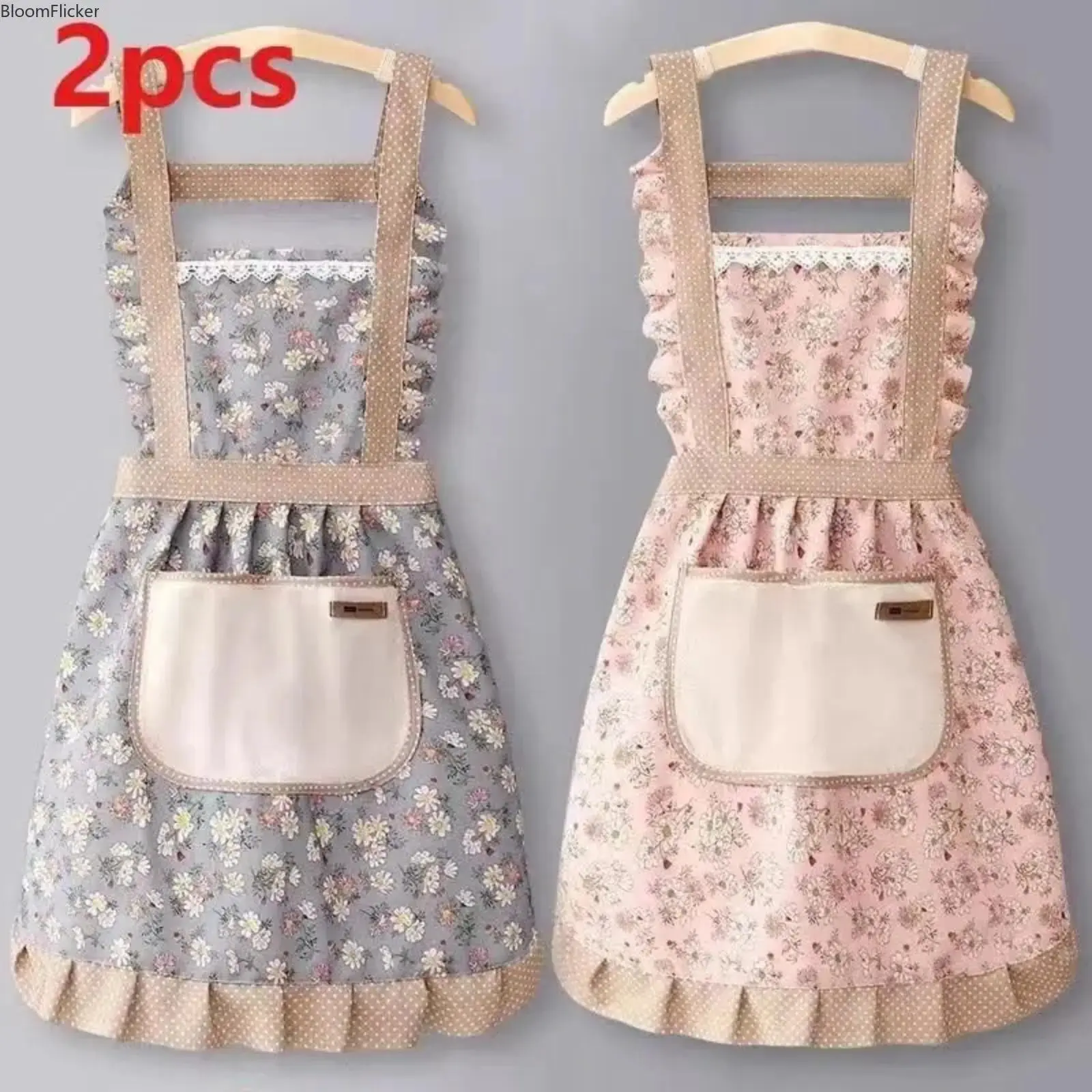 Cute Princess 2-Piece Floral Apron Set with Pockets, Adjustable H-Strap, Included Handbag, Ideal for Kitchen Baking, Restaurant Use (Sun Protective Sport & Outdoor Clothing Accessory), Two Piece Set