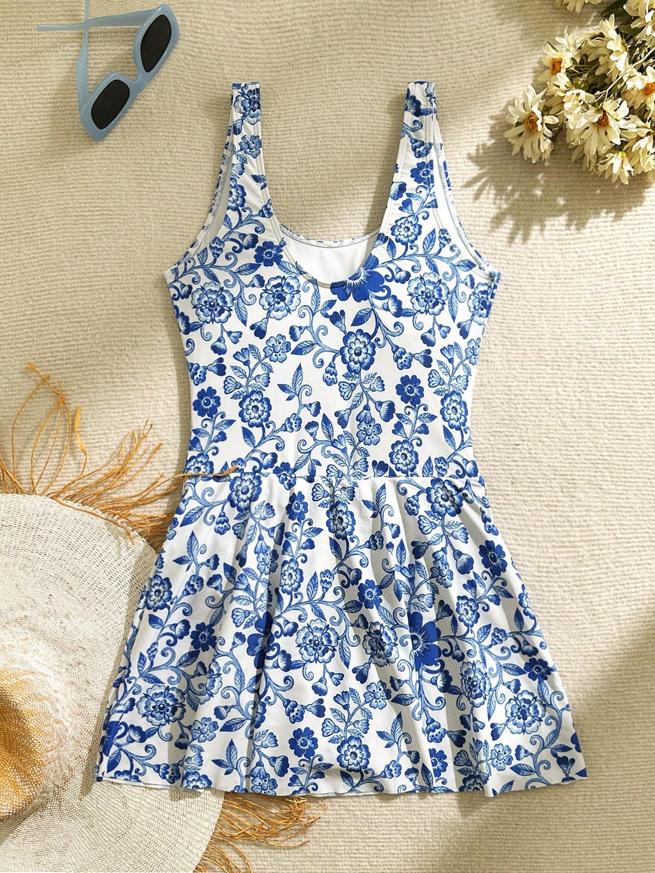 Women's Summer Beach Floral Prints Beach Vacation One Piece Swimdress Swimsuits for Women Tummy Control Swim Dresses Skirt Bathing Suit Tropical Print Swimsuit