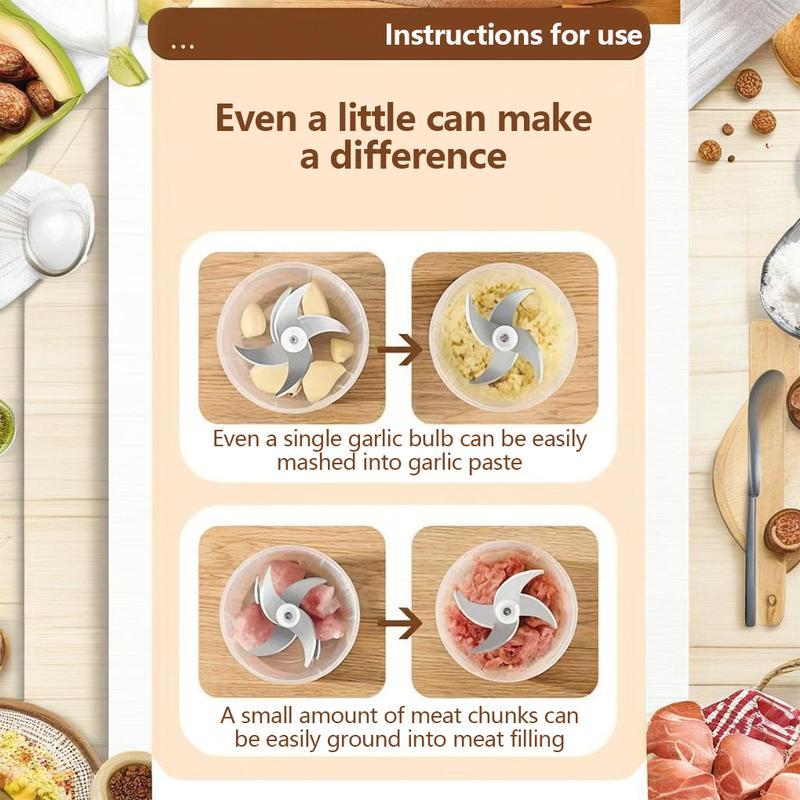 Cordless Electric Garlic Chopper with 3 Sharp Blades 300ML Portable Veggie Chopper, Garlic Grinder Masher Onion Chopper Vegetable Blender Food Processor for Ginger, Chili, Fruit, Meat, Spices, Beans