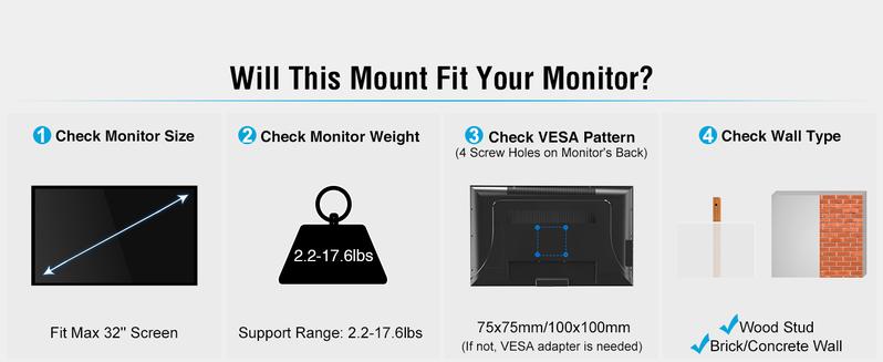 MOUNTUP 17"-32" Single Monitor Wall Mount, Fully Adjustable Gas Spring Monitor Arm, Support 2.2-17.6lbs Display, MU2003