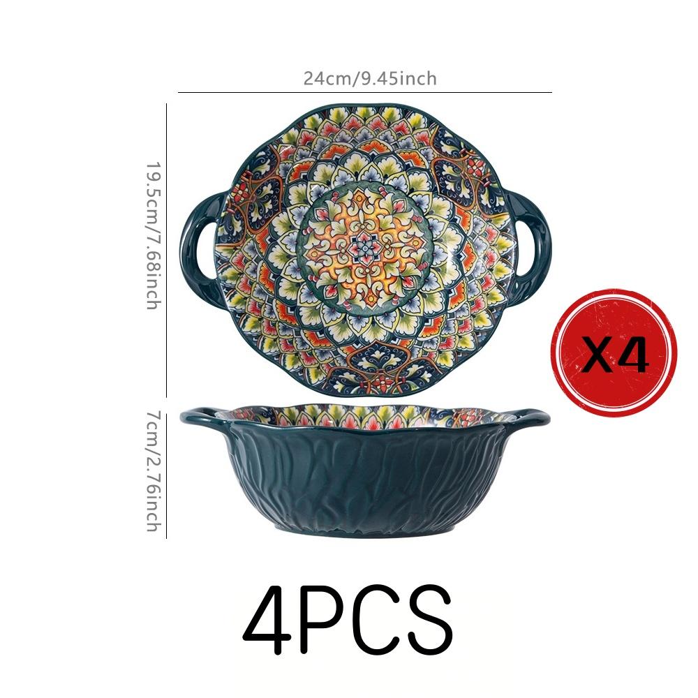 4-Piece Bohemian Ceramic Tableware Set, Hand-Drawn Ethnic Style Bowls and Plates, Creative Home Dining Essentials, Ceramic Dinnerware Sets, Non-Bone China