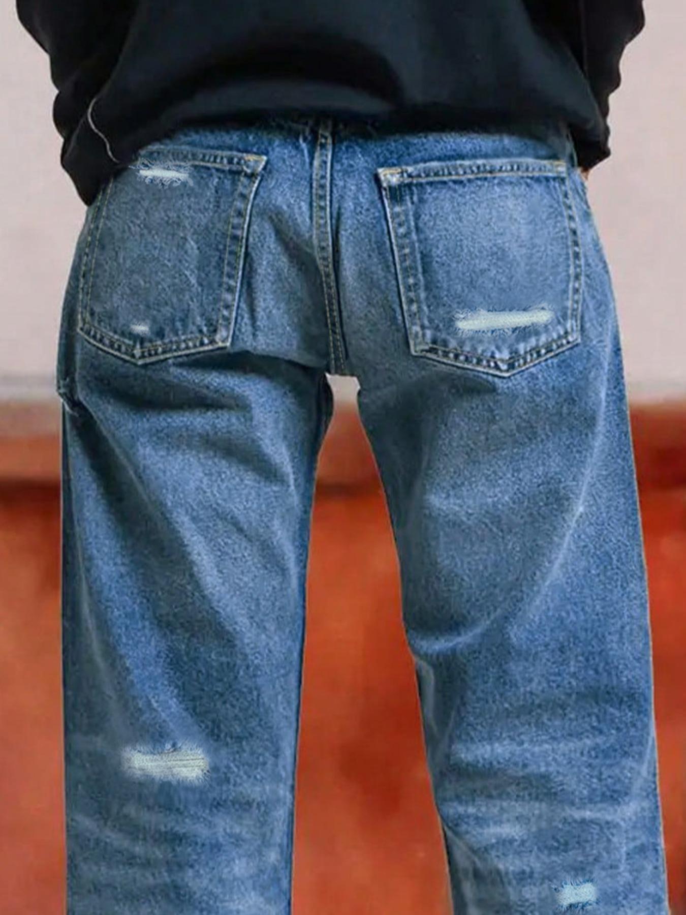 Women's Washable Elastic Fabric Frayed Hem Ripped Loose Straight Denim Capri Pants, Casual Summer, All-Season Wear