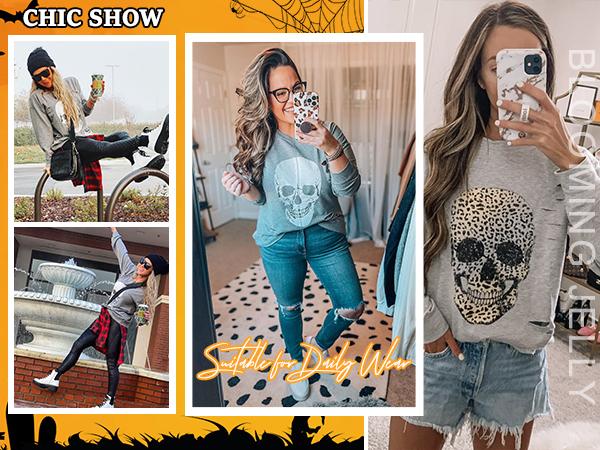 Blooming Jelly Halloween Sweatshirts Skull Graphic T Shirts Women's Long Sleeve Pullover Tops Gothic Fall Clothes