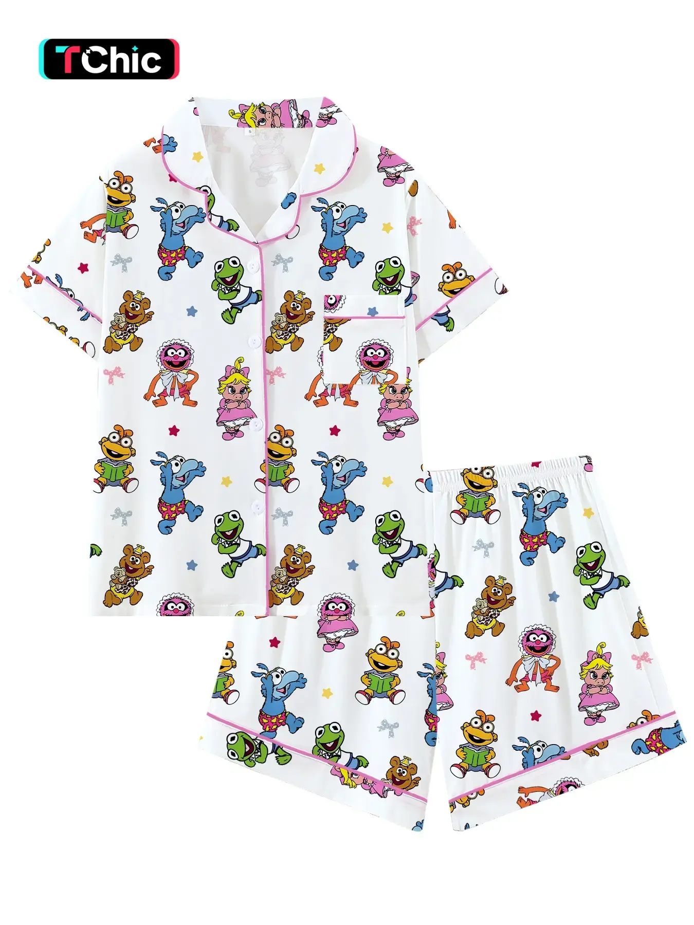 Vintage Cartoon Pajama Set, Soft 2-Piece Short Sleeve Sleepwear, Trim, Loose-Fitting, All Seasons, Fun Party